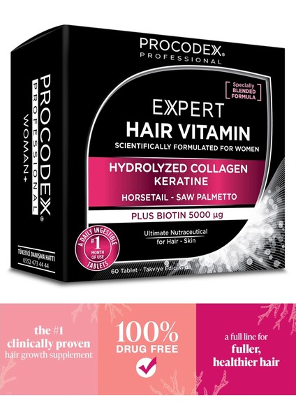 Woman - 5000 Mcg Biotin, Saw Palmetto, Keratin, Kolajen, Amino Asitler, Bitkisel Ekstreler ve Vitaminler 60 Tablet
