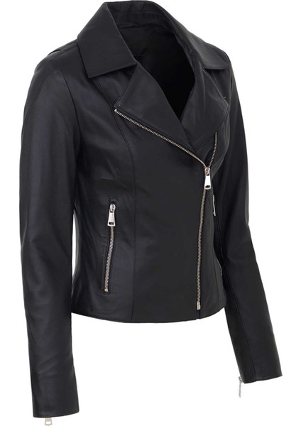 Siyah Hakiki Deri Kadın Hakiki Deri Biker Mont - K25KDM320479-Q3H