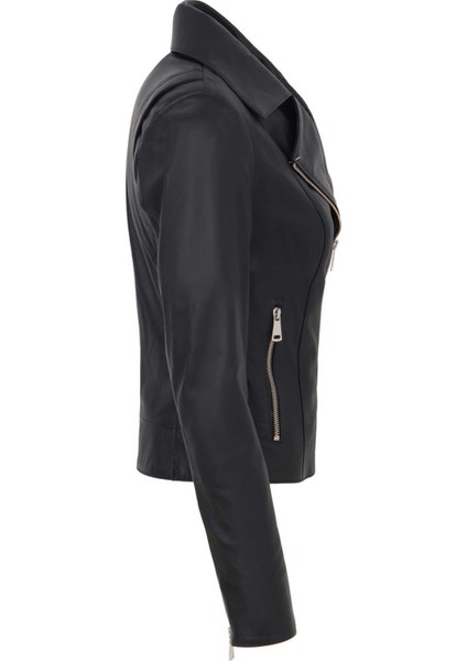 Siyah Hakiki Deri Kadın Hakiki Deri Biker Mont - K25KDM320479-Q3H