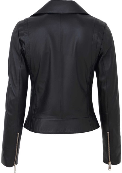 Siyah Hakiki Deri Kadın Hakiki Deri Biker Mont - K25KDM320479-Q3H