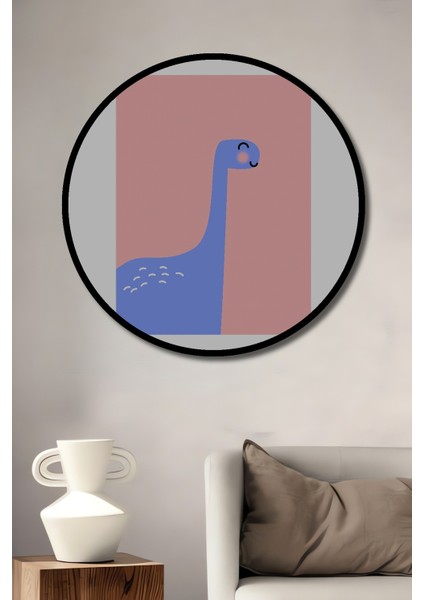 Dekoratif Ahşap Yuvarlak Çerçeve Görünümlü Tablo Pembe Dinazor