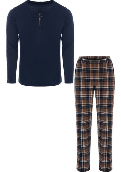 Erkek Pamuklu Uzun Kollu Önü Patlı Ekose Desenli Pijama Takımı