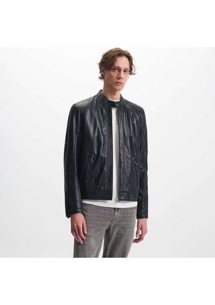 Siyah Hakiki Deri Erkek Hakiki Deri Mont - E25KDM310605-Q3H