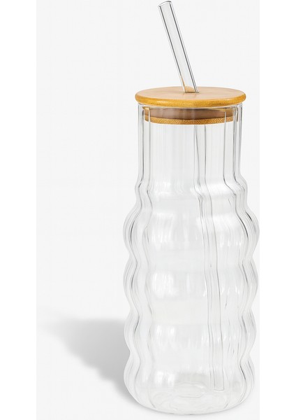 Bambu Kapaklı Cam Dalgalı Şişe 1.2 L – Pipetli Detoks ve Soğuk Içecek Şişesi