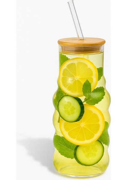 Bambu Kapaklı Cam Dalgalı Şişe 1.2 L – Pipetli Detoks ve Soğuk Içecek Şişesi fiyatları