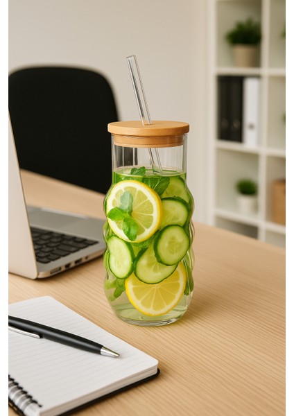 Bambu Kapaklı Cam Dalgalı Şişe 1.2 L – Pipetli Detoks ve Soğuk Içecek Şişesi modelleri