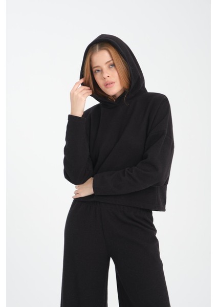 Selanik Kumaş Kısa Kesim Sweatshirt - Kapüşonlu Rahat Kalıp