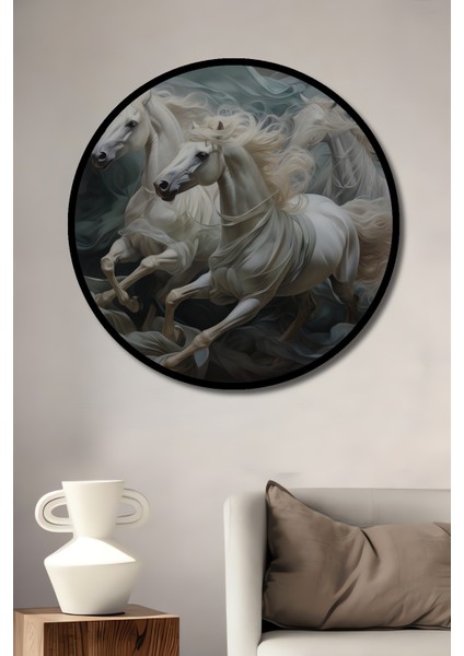 Çerçeve Görünümlü Beyaz Atların Özgür Koşusu Dekoratif Ahşap Mdf Tablo Yuvarlak Tablo