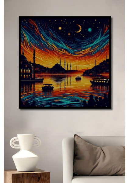 Çerçeve Görünümlü Yıldızlı Istanbul Gecesi Ahşap Mdf Dekoratif Tablo Dikdörtgen Tablo