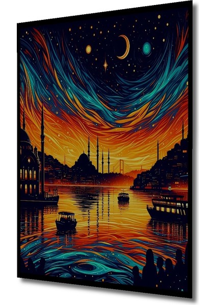 Çerçeve Görünümlü Yıldızlı Istanbul Gecesi Ahşap Mdf Dekoratif Tablo Dikdörtgen Tablo fiyatları