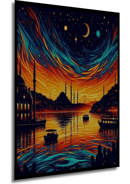 Çerçeve Görünümlü Yıldızlı Istanbul Gecesi Ahşap Mdf Dekoratif Tablo Dikdörtgen Tablo modelleri