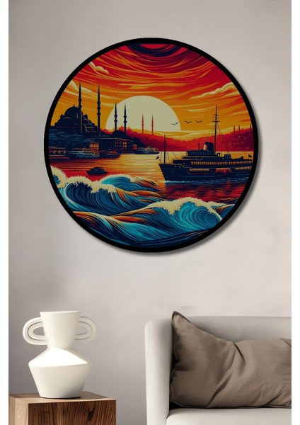 Çerçeve Görünümlü Istanbul Boğazı Manzarası Ahşap Mdf Dekoratif Tablo Yuvarlak Tablo