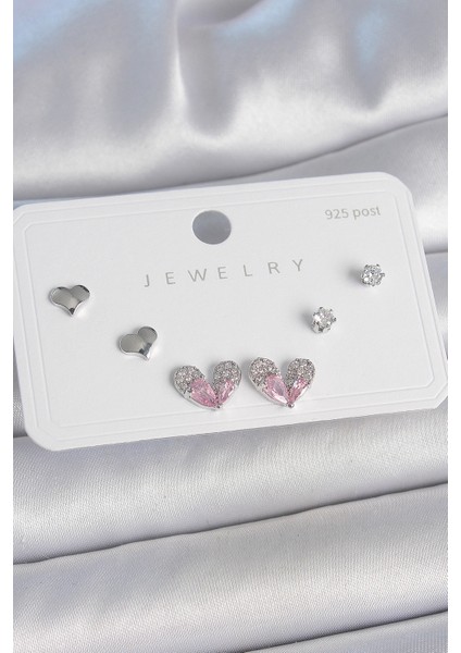 Pirinç Gümüş Renk Pembe Zirkon Taşlı Kalp Model 925 Ayar Gümüş Çivi Kadın Küpe Seti - TJ-BKP10493 fırsatları