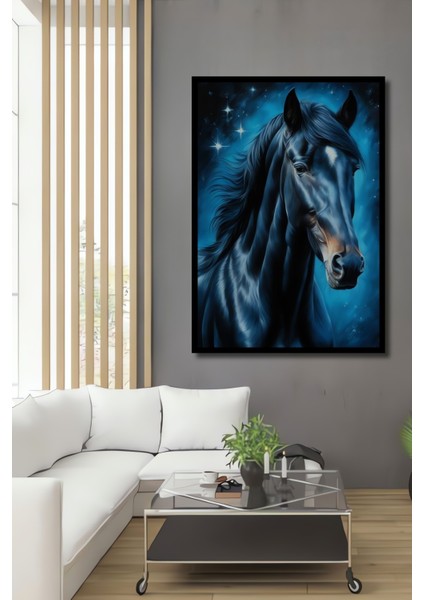 Çerçeve Görünümlü Yıldızlı Gece Mavisi At Dekoratif Ahşap Mdf Tablo Dikdörtgen Tablo