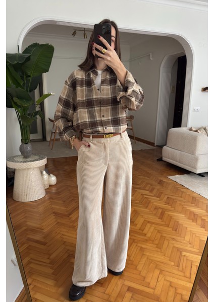 Oversize Ekose Desen Oduncu Gömlek- Kahverengi