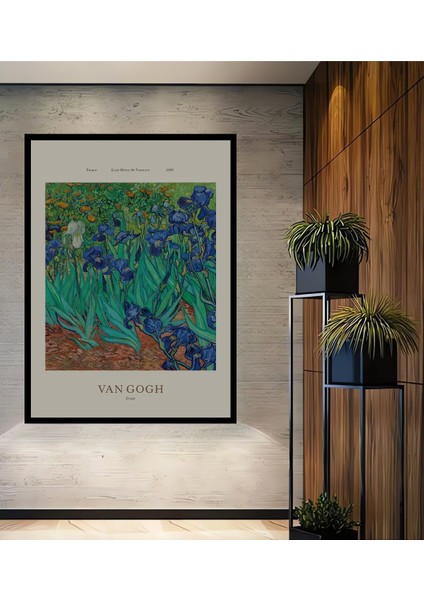 Çerçeve Görünümlü Van Gogh Iris Çiçekleri Dekoratif Ahşap Mdf Tablo Dikdörtgen Tablo