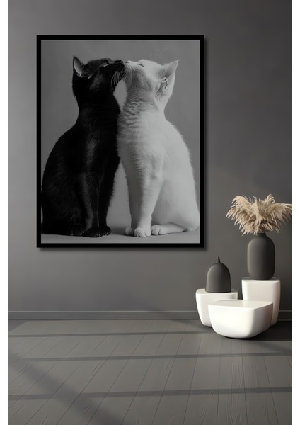 Çerçeve Görünümlü Siyah Beyaz Aşk Kedisi Dekoratif Ahşap Mdf Tablo Dikdörtgen Tablo