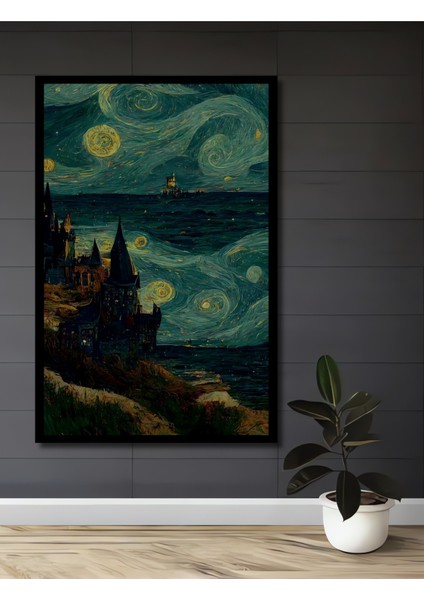 Çerçeve Görünümlü Van Gogh Yıldızlı Gece Dekoratif Ahşap Mdf Tablo Dikdörtgen Tablo