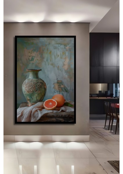 Çerçeve Görünümlü Seramik Vazo ve Greyfurt Ahşap Mdf Dekoratif Tablo Dikdörtgen Tablo