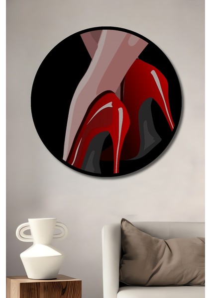 Çerçeve Görünümlü Kırmızı Topuklu Ayakkabı Dekoratif Ahşap Mdf Tablo Yuvarlak Tablo