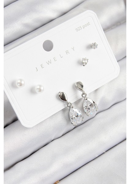 Pirinç Zirkon Taşlı Sallantılı Damla Model Gümüş Renk 925 Ayar Gümüş Çivi Kadın Küpe Set - TJ-BKP11171 fiyatları