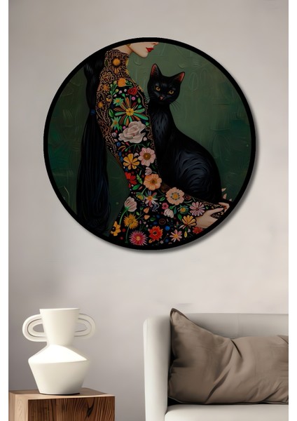 Çerçeve Görünümlü Çiçekli Kadın ve Siyah Kedi Ahşap Mdf Dekoratif Tablo Yuvarlak Tablo