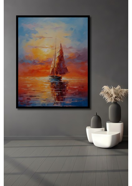 Çerçeve Görünümlü Gün Batımında Yelkenli Dekoratif Ahşap Mdf Tablo Dikdörtgen Tablo