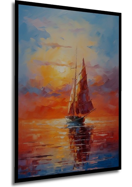 Çerçeve Görünümlü Gün Batımında Yelkenli Dekoratif Ahşap Mdf Tablo Dikdörtgen Tablo modelleri