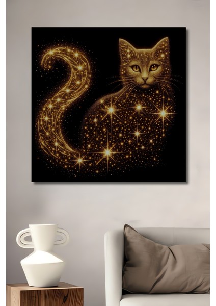 Çerçeve Görünümlü Yıldızlı Parlayan Kedi Ahşap Mdf Dekoratif Tablo Dikdörtgen Tablo