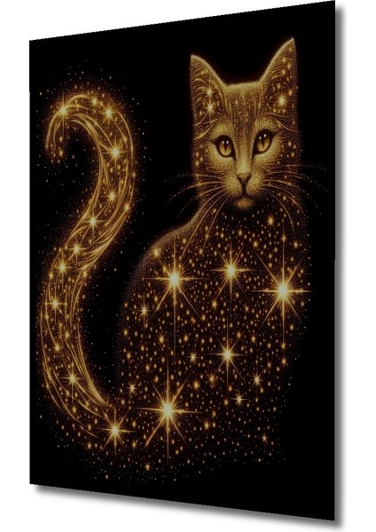 Çerçeve Görünümlü Yıldızlı Parlayan Kedi Ahşap Mdf Dekoratif Tablo Dikdörtgen Tablo fiyatları