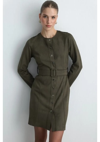 Beli Kemerli Süet Elbise - Haki fiyatları