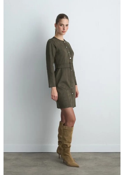 Beli Kemerli Süet Elbise - Haki fırsatları