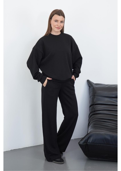 Kadın Pamuk 3 Iplik Şardonsuz Oversize Sweatshirt & Geniş Paça Eşofman Altı Takım-Siyah