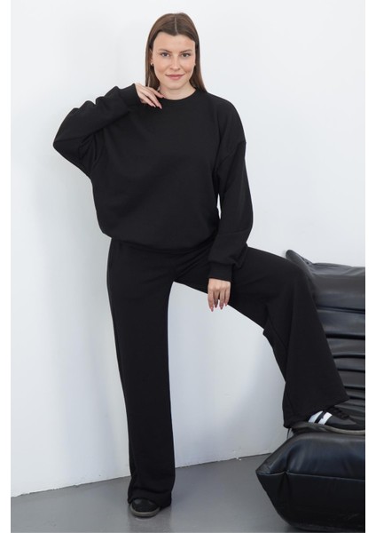 Kadın Pamuk 3 Iplik Şardonsuz Oversize Sweatshirt & Geniş Paça Eşofman Altı Takım-Siyah fiyatları