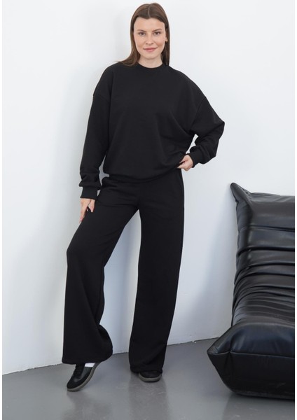Kadın Pamuk 3 Iplik Şardonsuz Oversize Sweatshirt & Geniş Paça Eşofman Altı Takım-Siyah