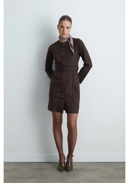 Beli Kemerli Süet Elbise - Kahverengi