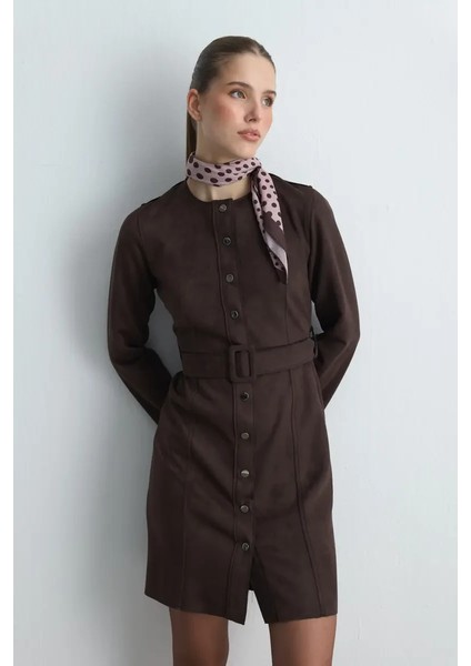 Beli Kemerli Süet Elbise - Kahverengi fiyatları