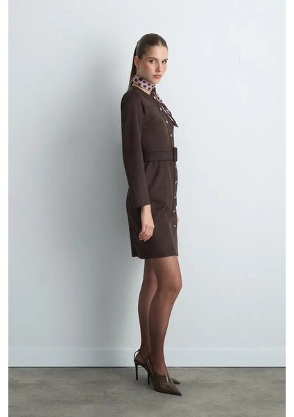 Beli Kemerli Süet Elbise - Kahverengi modelleri