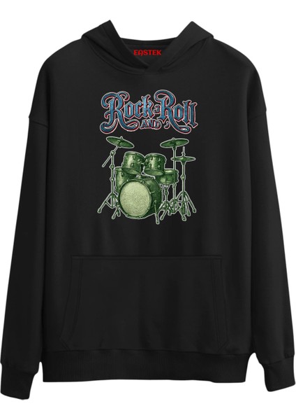 Rock'n Roll Premium Tasarım 3 Iplik Şardonlu Kapüşonlu Unisex, Kadın, Erkek Hoodie Sweatshirt