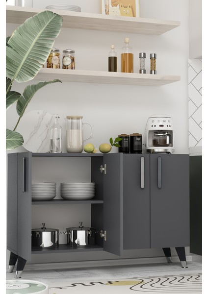 8191KM-128DD Konsol,kahve Köşesi,ayakkabılık,ofis Evrak Dolabı,mutfak Kiler Dolabı,tv Ünitesi Antrasit-Gümüş