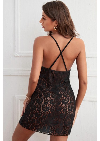 Kadın Siyah Fırfırlı Tül Detaylı Sırtı Çapraz ve Açık Komple Dantel Gecelik fiyatları