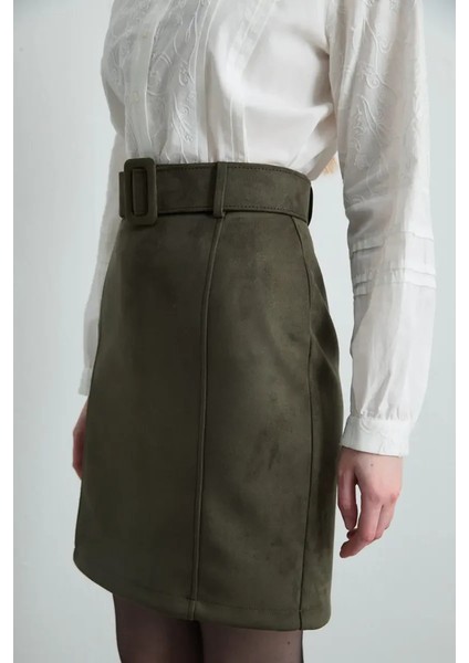 Suni Süet Mini Etek - Haki indirimleri