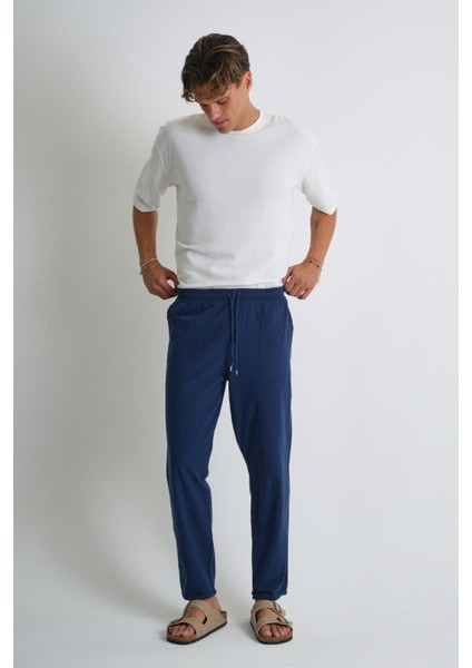 Erkek Yazlık Rahat Kalıp %100 Pamuk Keten Görünümlü Pantolon E205-40