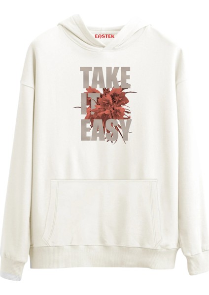 Take It Easy Premium Tasarım 3 Iplik Şardonlu Kapüşonlu Unisex, Kadın, Erkek Hoodie Sweatshirt