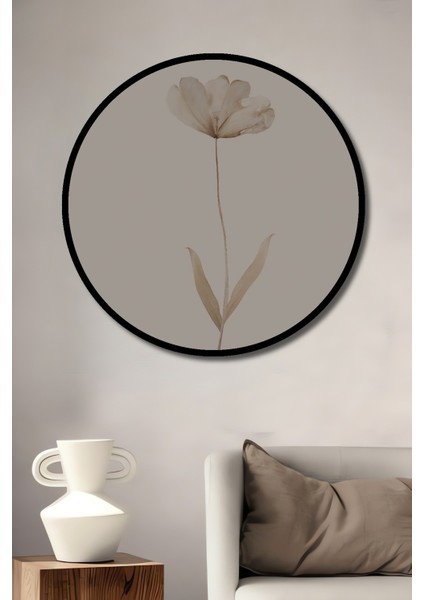 Dekoratif Ahşap Yuvarlak Çerçeve Görünümlü Tablo Hassas Çiçek