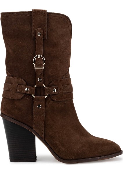 Kadın Hakiki Deri Kahverengi Topuklu Bot 1075 27225-2502 Bn Czm SK25-26 Sıgaro Suet