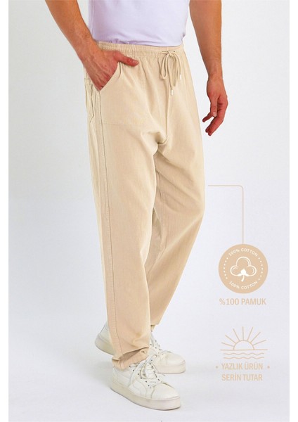 Erkek Yazlık Rahat Kalıp %100 Pamuk Keten Görünümlü Pantolon E205-13