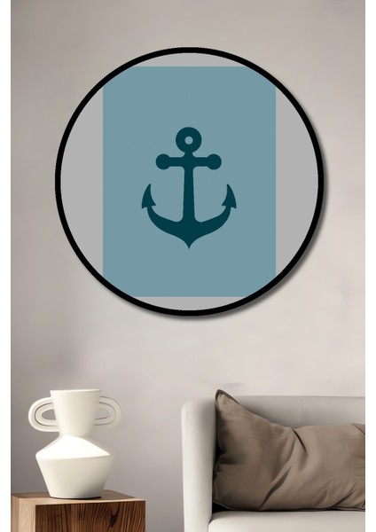 Dekoratif Ahşap Yuvarlak Çerçeve Görünümlü Tablo Mavi Çapa
