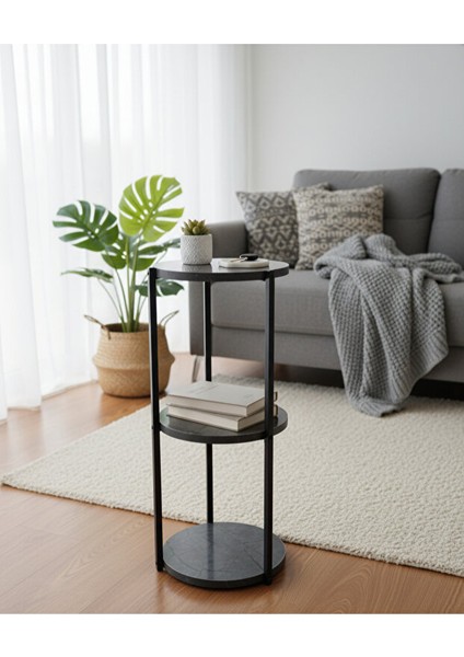 Dekoratif 3 Katlı Raflık, Çiçeklik, Köşe Rafi, Sehpa Çok Amaçlı Raf -Siyah Antrasit-