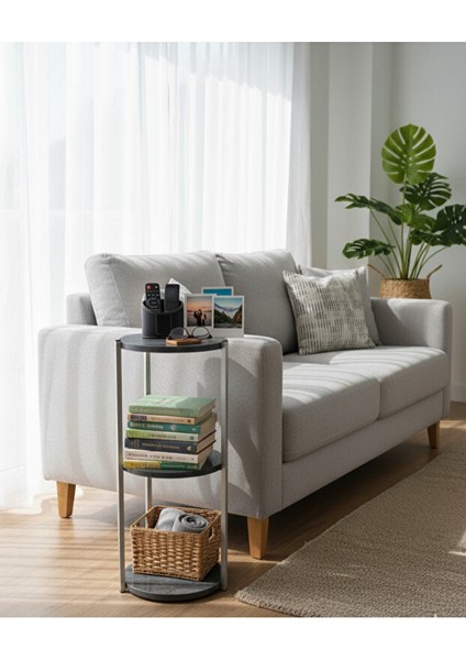 Dekoratif 3 Katlı Raflık, Çiçeklik, Köşe Rafi, Sehpa Çok Amaçlı Raf -Gri Antrasit-